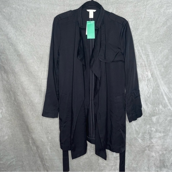 H&M + Short Lyocell Trenchcoat Decorative Shoulder Tabs Draped Lapels Tie Belt - Picture 2 of 8